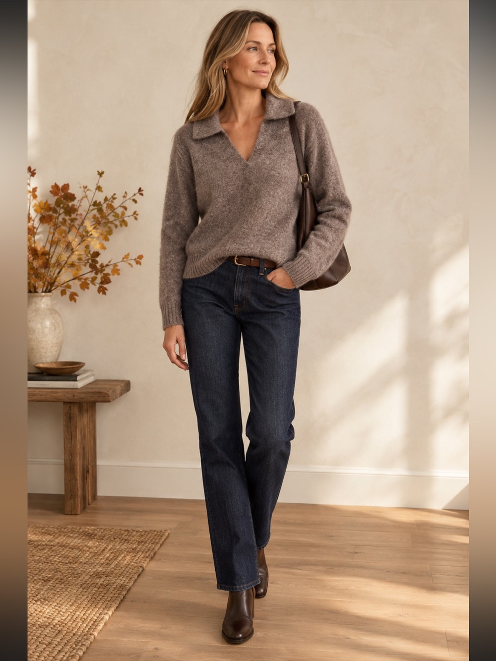 OAK + FORT V-Neck Collared Sweater in Taupe